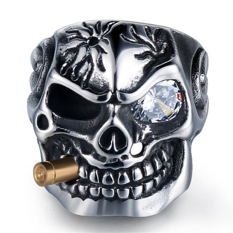 Gold Smoking Pipe Biker Men's Rings Rock Punk Skull Ring Titanium Steel Clear Zircon Eye Plating Rings Men Jewelry