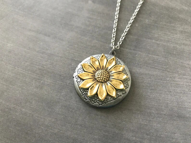 Gold Sunflower Locket Vintage Style Wedding Bridesmaid Gift Boho Necklace Woodland Locket Keepsake Locket Bohemian Jewelry