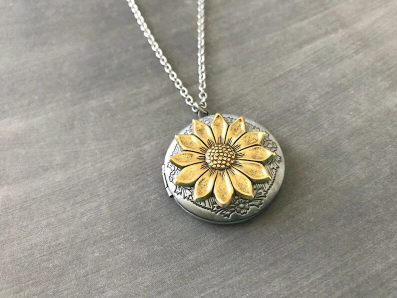 Gold Sunflower Locket Vintage Style Wedding Bridesmaid Gift Boho Necklace Woodland Locket Keepsake Locket Bohemian Jewelry