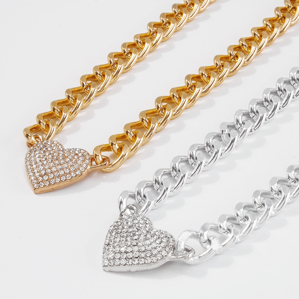 Gold Zirconia Heart Pendant Thick Necklace Female Punk Style Round Link Chain Necklaces Choker Vintage Daily Jewelry