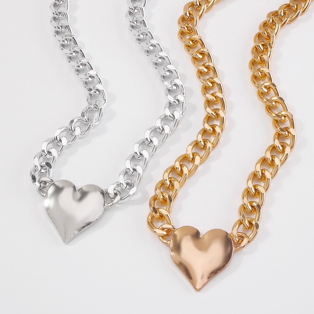 Gold Zirconia Heart Pendant Thick Necklace Female Punk Style Round Link Chain Necklaces Choker Vintage Daily Jewelry