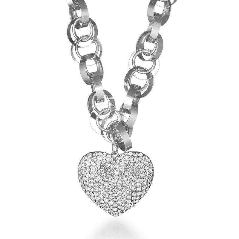 Gold Zirconia Heart Pendant Thick Necklace Female Punk Style Round Link Chain Necklaces Choker Vintage Daily Jewelry