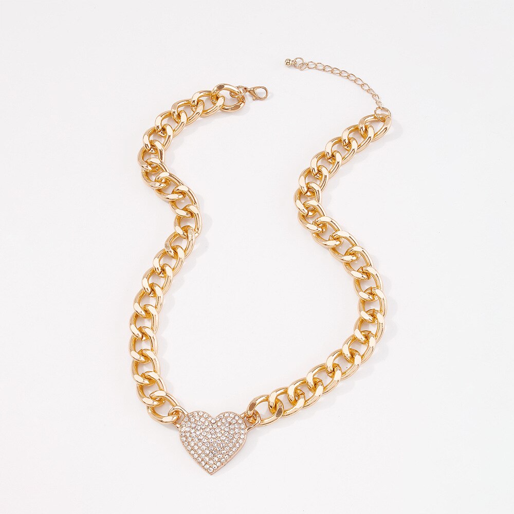 Gold Zirconia Heart Pendant Thick Necklace Female Punk Style Round Link Chain Necklaces Choker Vintage Daily Jewelry