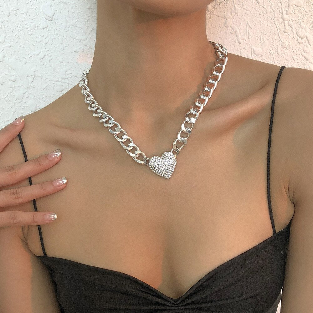 Gold Zirconia Heart Pendant Thick Necklace Female Punk Style Round Link Chain Necklaces Choker Vintage Daily Jewelry