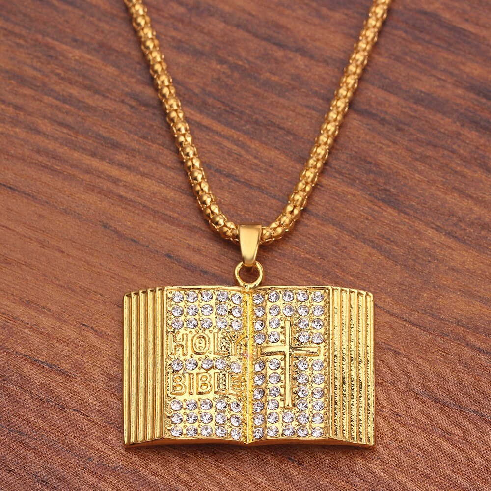 Gold color Holy Bible Book Pendant Necklace Christian Book Link Chain Hip hop necklaces Unisex Jewelry Gifts For women Men