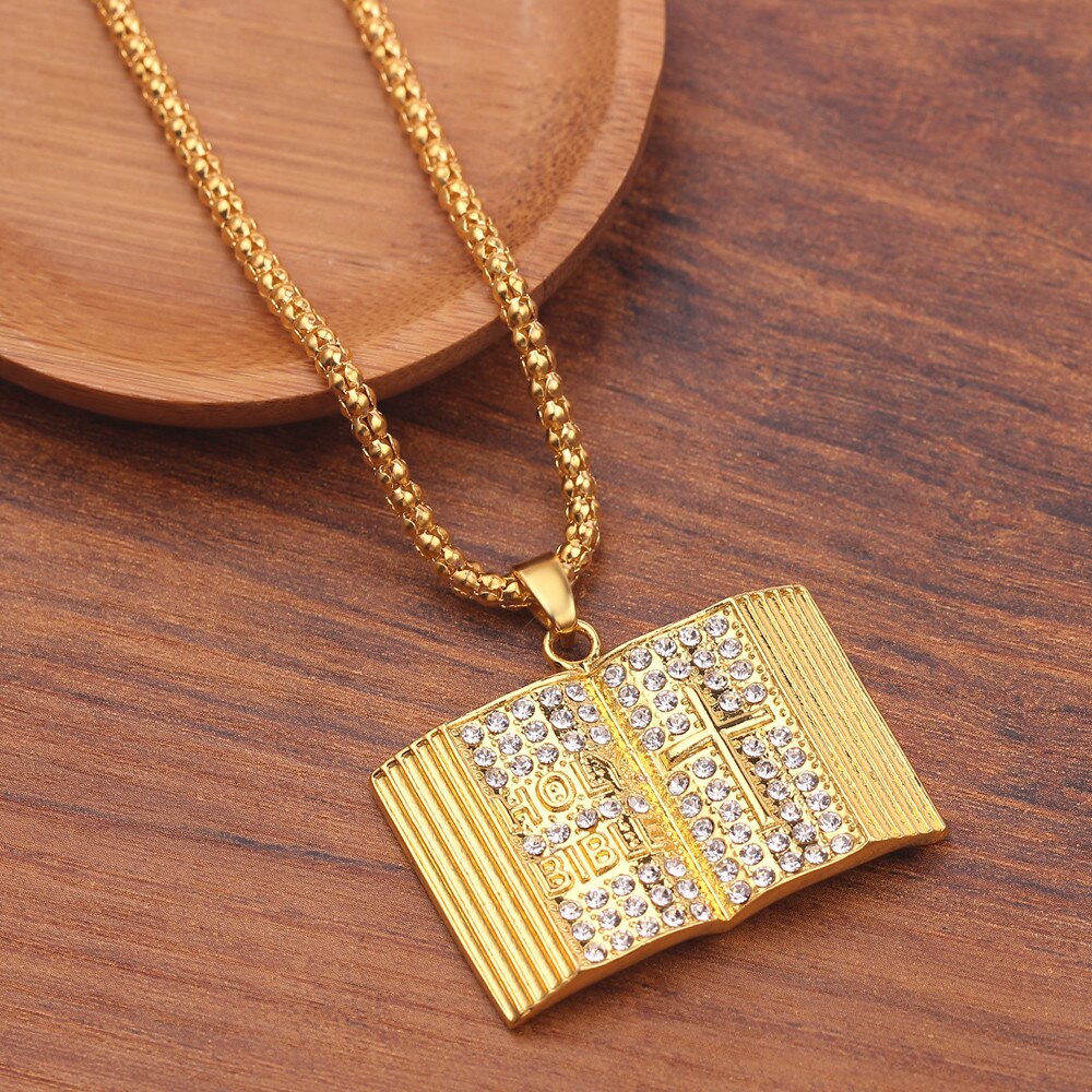 Gold color Holy Bible Book Pendant Necklace Christian Book Link Chain Hip hop necklaces Unisex Jewelry Gifts For women Men