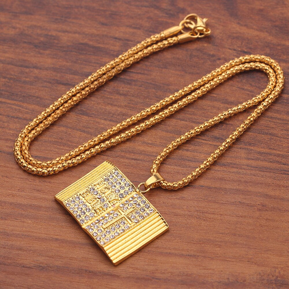 Gold color Holy Bible Book Pendant Necklace Christian Book Link Chain Hip hop necklaces Unisex Jewelry Gifts For women Men