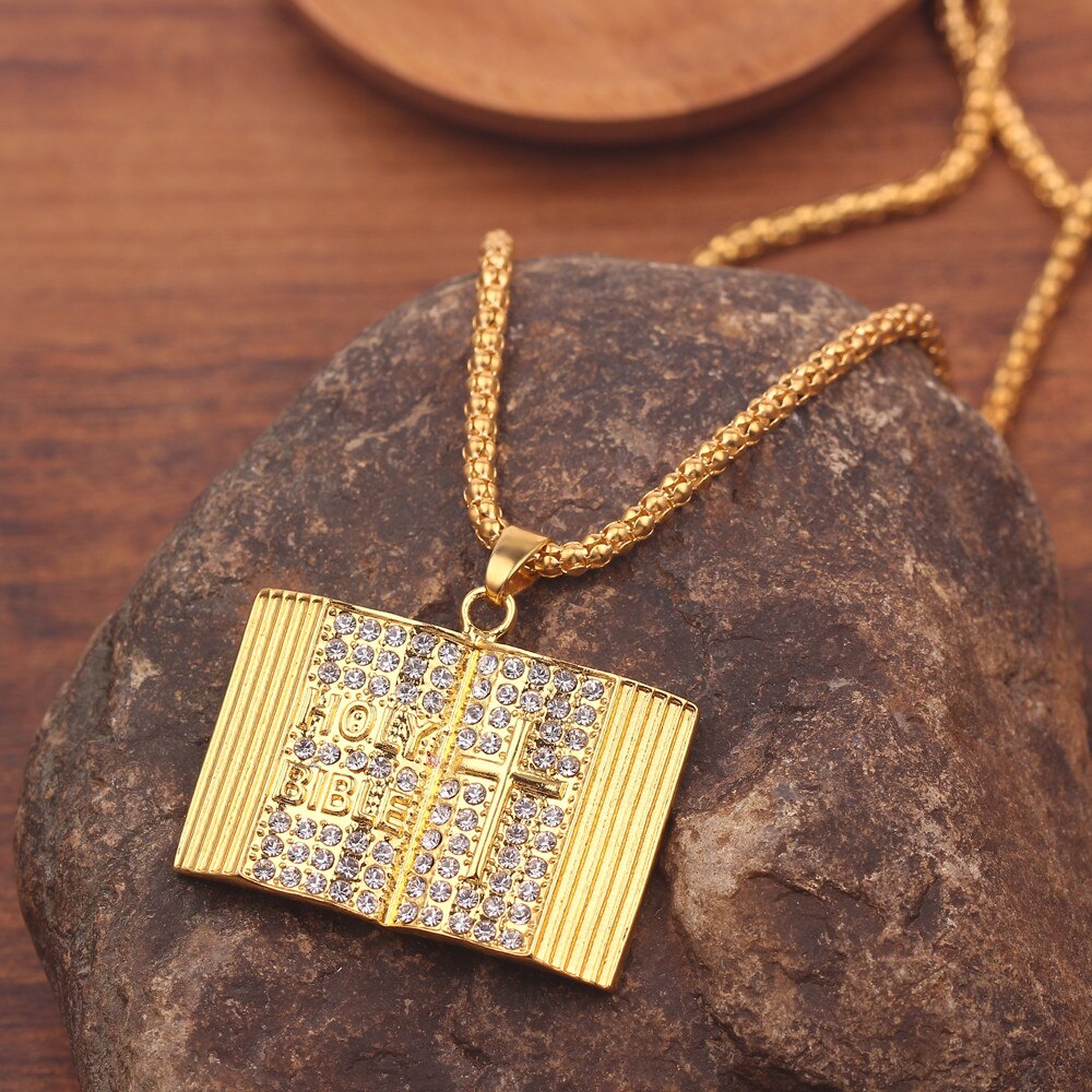 Gold color Holy Bible Book Pendant Necklace Christian Book Link Chain Hip hop necklaces Unisex Jewelry Gifts For women Men