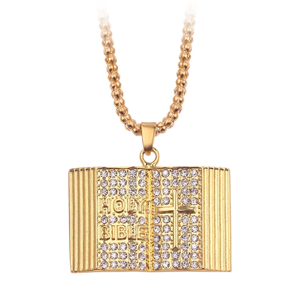 Gold color Holy Bible Book Pendant Necklace Christian Book Link Chain Hip hop necklaces Unisex Jewelry Gifts For women Men