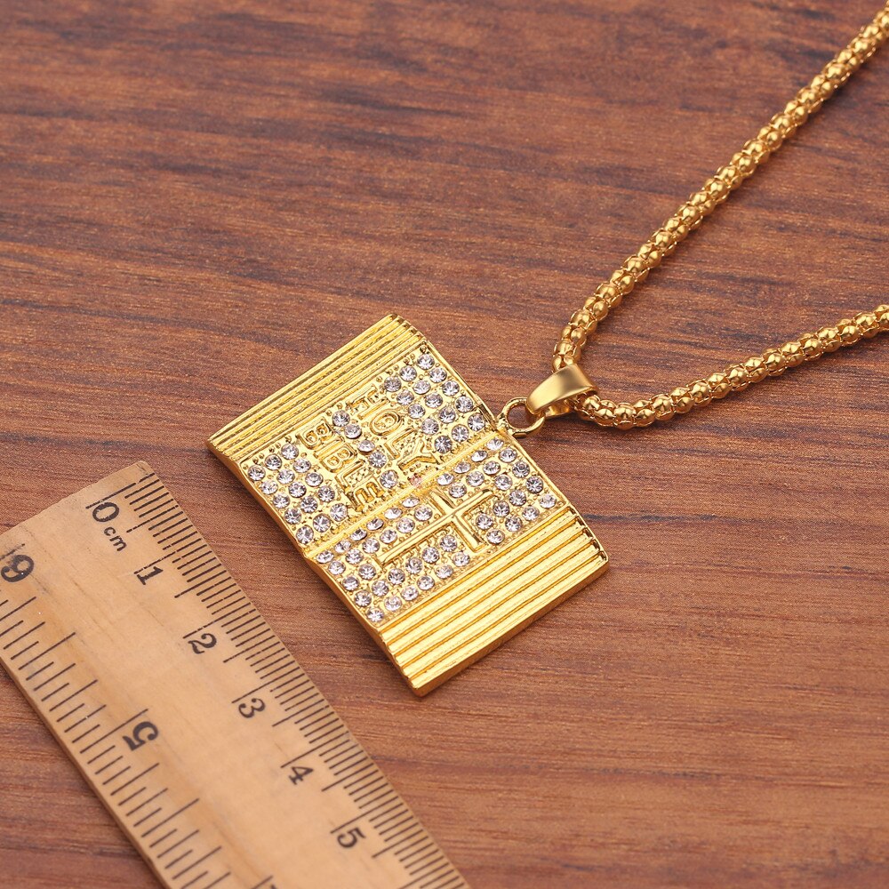 Gold color Holy Bible Book Pendant Necklace Christian Book Link Chain Hip hop necklaces Unisex Jewelry Gifts For women Men
