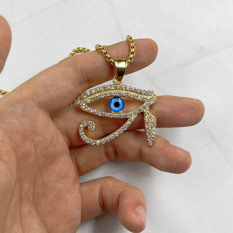 Gold color blue Eye Of Horus Pendant with zircon Men Women Jewelry Hip hop Stainless steel Gold Color Pendant Necklace Chain