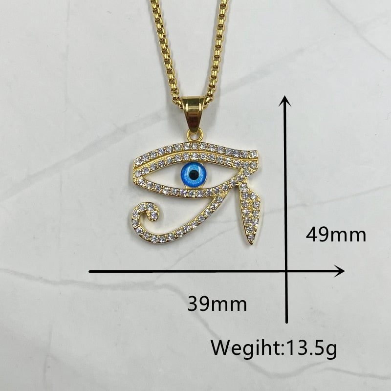 Gold color blue Eye Of Horus Pendant with zircon Men Women Jewelry Hip hop Stainless steel Gold Color Pendant Necklace Chain