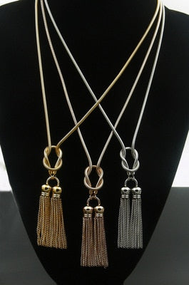 Gold color knot long tassel necklace women fine jewelry, chic stainless steel neckless sweater chain bijoux femme bisuteria