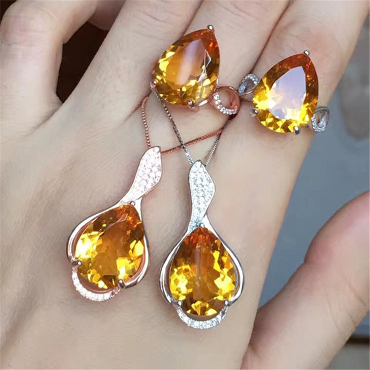 Gold jewelry Brazil natural yellow crystal set 925 silver jewelry ring pendant jewelry