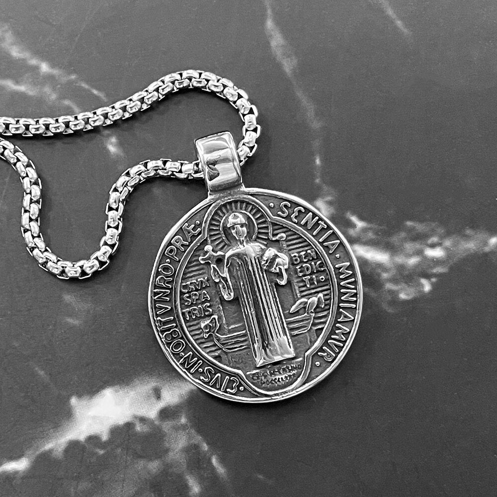 Gold silver Color cross Catholic Saint Benedict Round Medal Pendant Necklaces Catholicism Trendy Jewelry