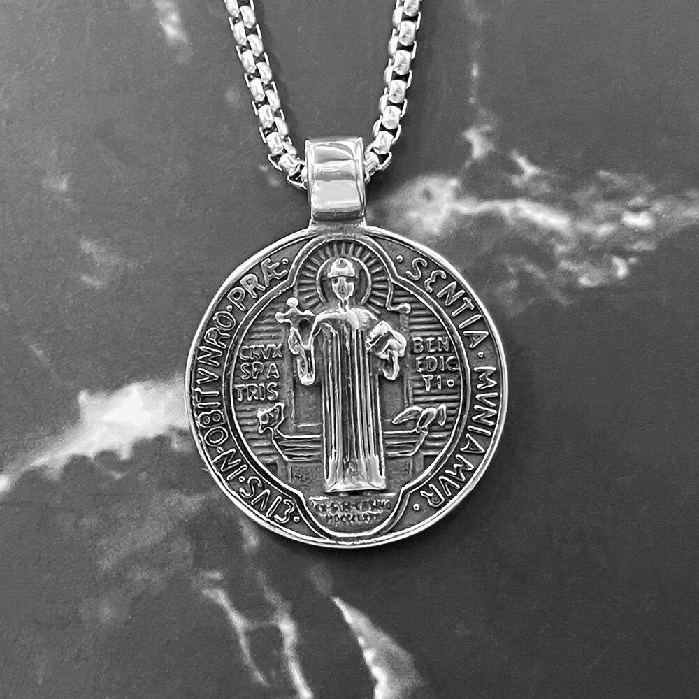 Gold silver Color cross Catholic Saint Benedict Round Medal Pendant Necklaces Catholicism Trendy Jewelry
