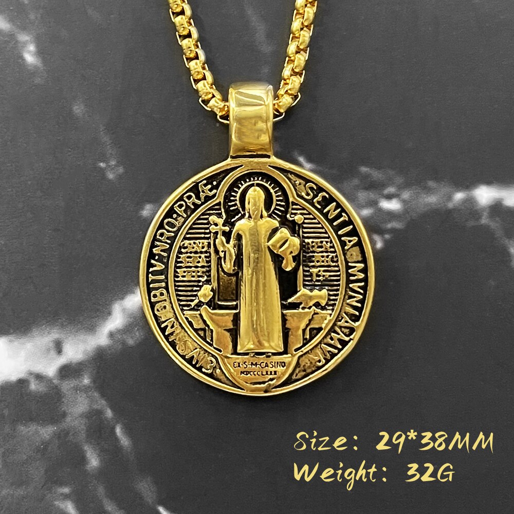 Gold silver Color cross Catholic Saint Benedict Round Medal Pendant Necklaces Catholicism Trendy Jewelry