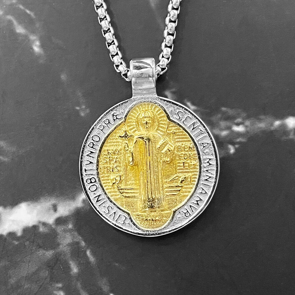 Gold silver Color cross Catholic Saint Benedict Round Medal Pendant Necklaces Catholicism Trendy Jewelry