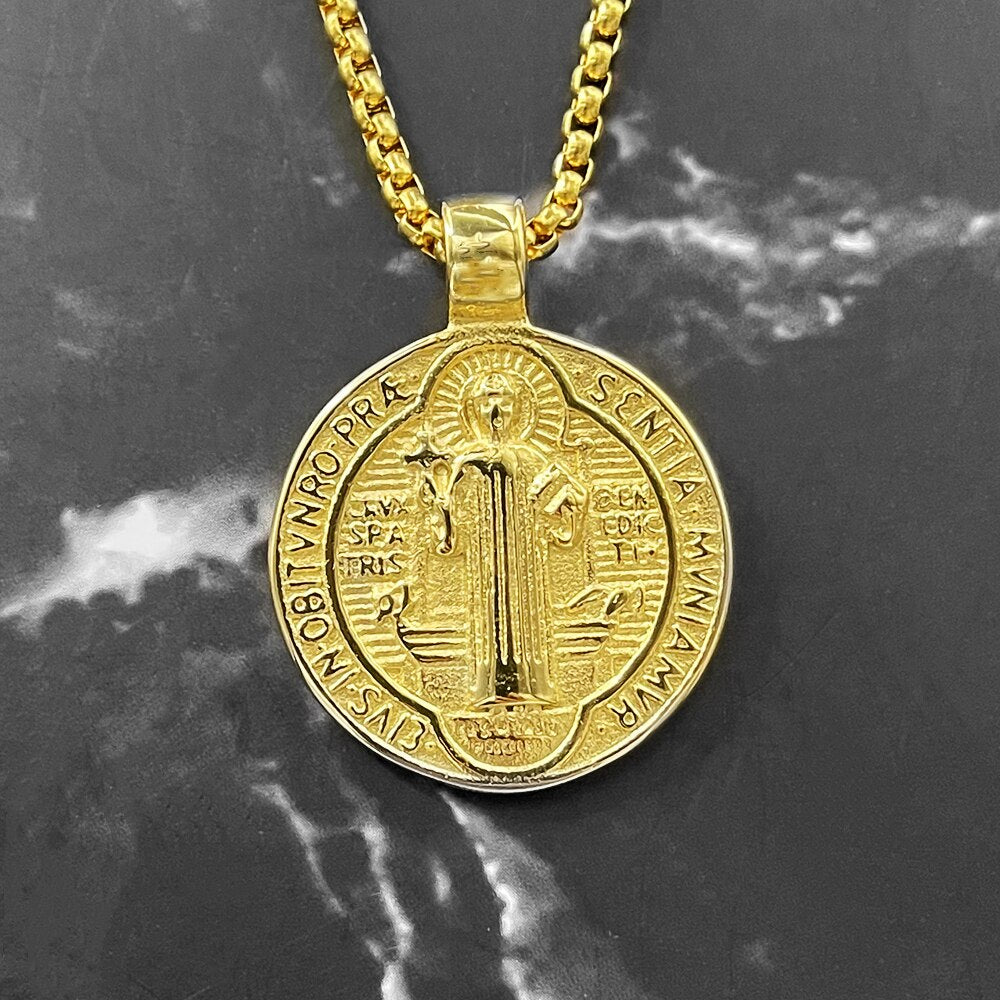 Gold silver Color cross Catholic Saint Benedict Round Medal Pendant Necklaces Catholicism Trendy Jewelry