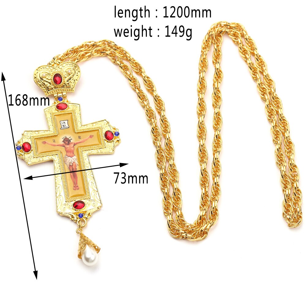 Gold silver color Jesus Cross Pectoral with box Crown Religiou Icon byzantine Catholic Crucifix Necklace Imitation pearl pendant