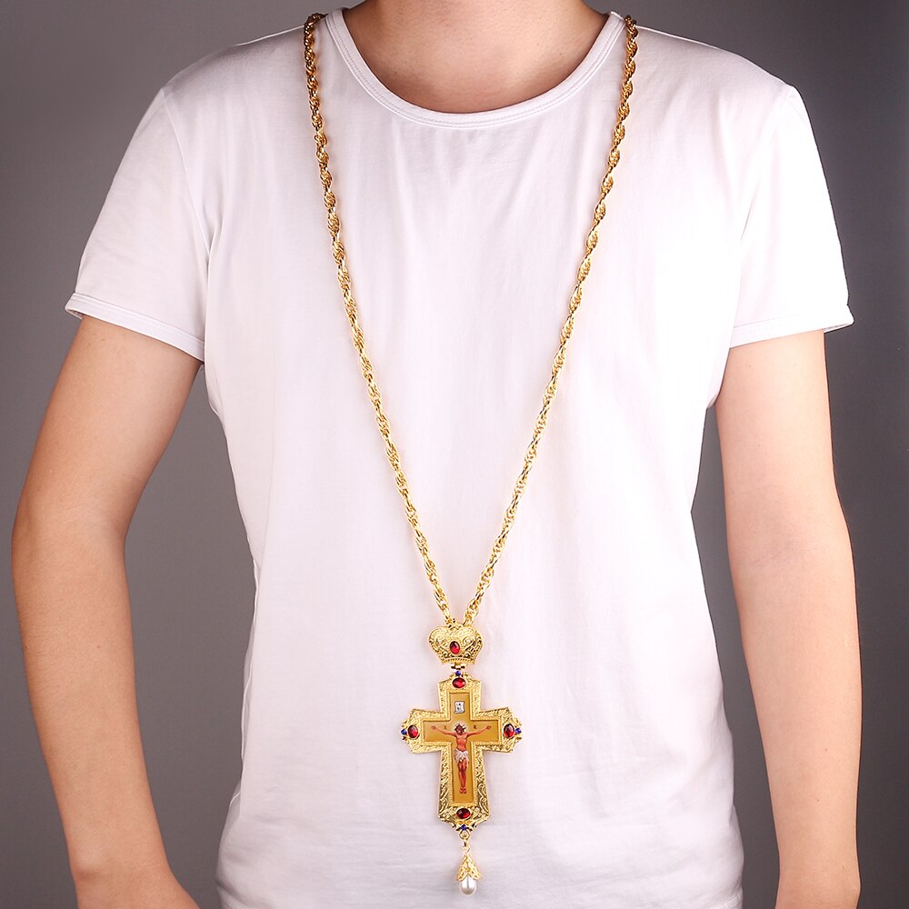 Gold silver color Jesus Cross Pectoral with box Crown Religiou Icon byzantine Catholic Crucifix Necklace Imitation pearl pendant
