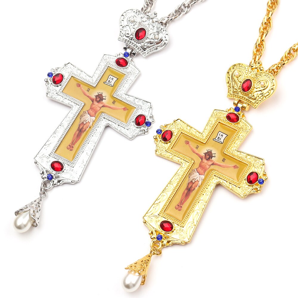 Gold silver color Jesus Cross Pectoral with box Crown Religiou Icon byzantine Catholic Crucifix Necklace Imitation pearl pendant