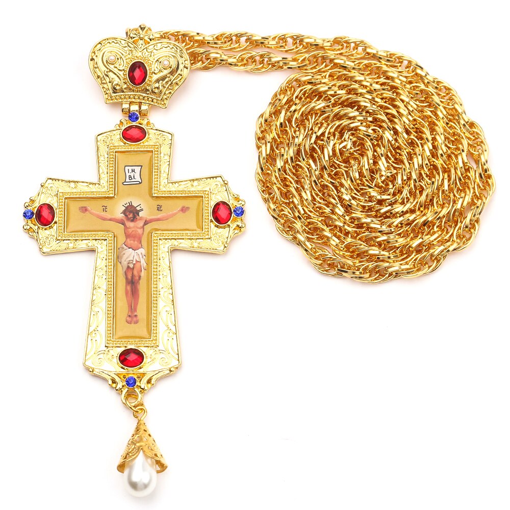 Gold silver color Jesus Cross Pectoral with box Crown Religiou Icon byzantine Catholic Crucifix Necklace Imitation pearl pendant