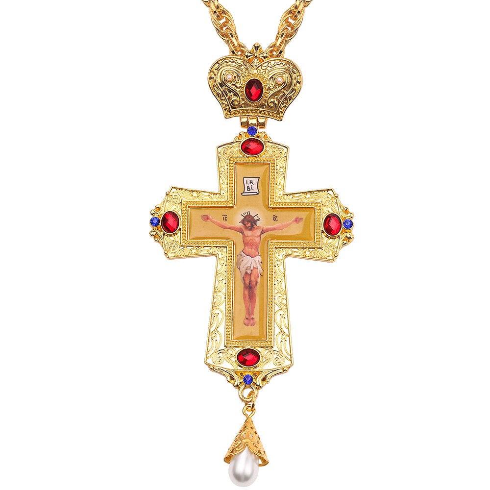Gold silver color Jesus Cross Pectoral with box Crown Religiou Icon byzantine Catholic Crucifix Necklace Imitation pearl pendant