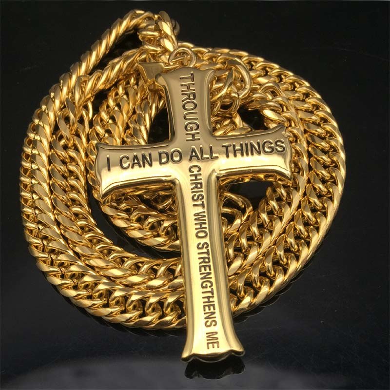 Gold/silver tone Philippians 4:13 Jewelry Stainless Steel Cross Pendant Necklace Bible Verse With Figaro Chain