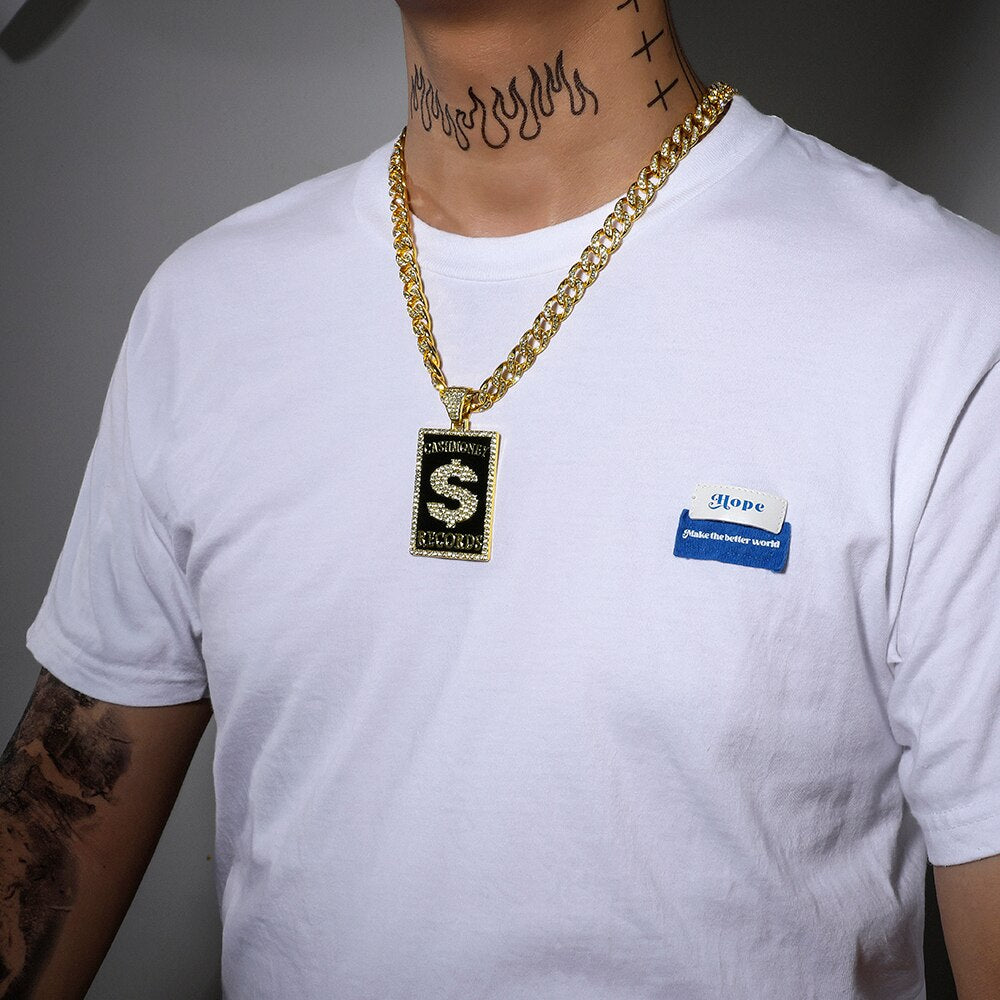 Golden Dollar Letter Crystal Metal Necklace Male Hip Hop Style Series Long Chain Accessories Charm Cool Pendant Gift