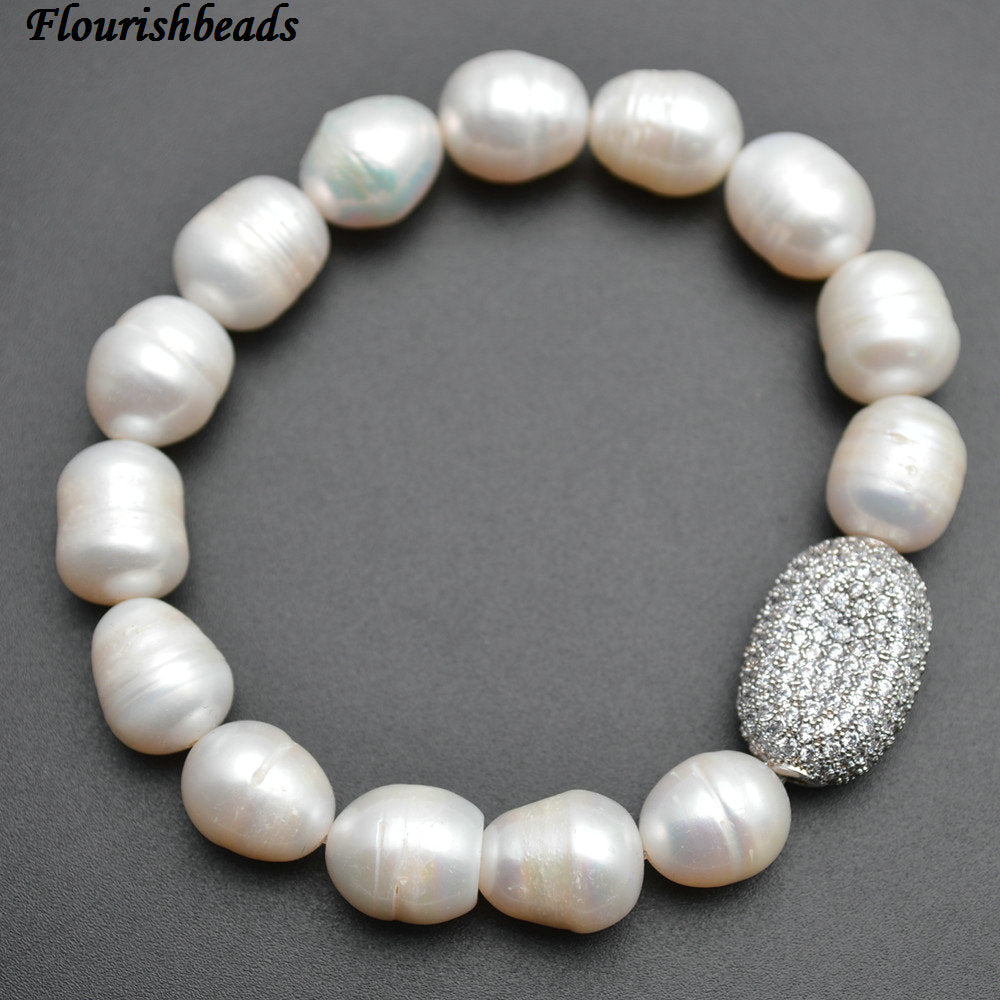 Good Quality Natural Fresh Water White Pearl Potato Beads Paved CZ Beads Metal Charm Bracelet Eleant Fashion Woman Party Jewelry