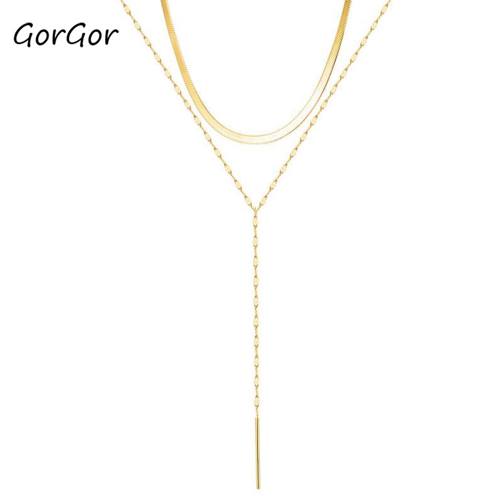 GorGor Women Necklace Snake Chain Double Layer Beads Titanium Steel Simple Temperament Ladies Chokers Accessories 1658