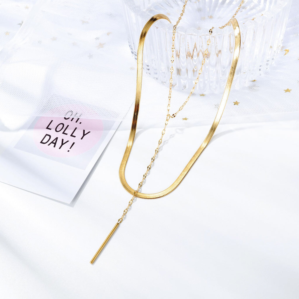 GorGor Women Necklace Snake Chain Double Layer Beads Titanium Steel Simple Temperament Ladies Chokers Accessories 1658