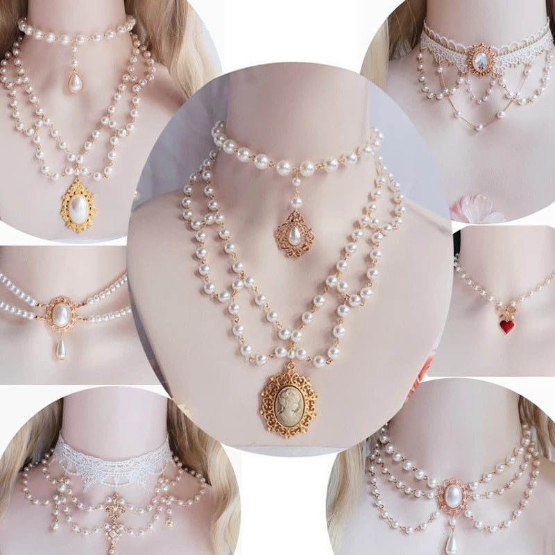Gorgeous Vintage Rococo Style Wedding Lolita Princess Multilayer Pearl Lace Gem Necklace Collarbone Chain Necklet