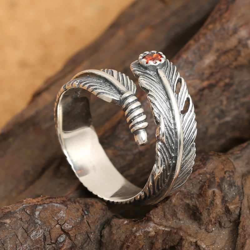 Goros Ring 925 Sterling Silver Goro's Fashion Feather with Red Stone Ring Adjustable Size For Women Party JewelryGQR006