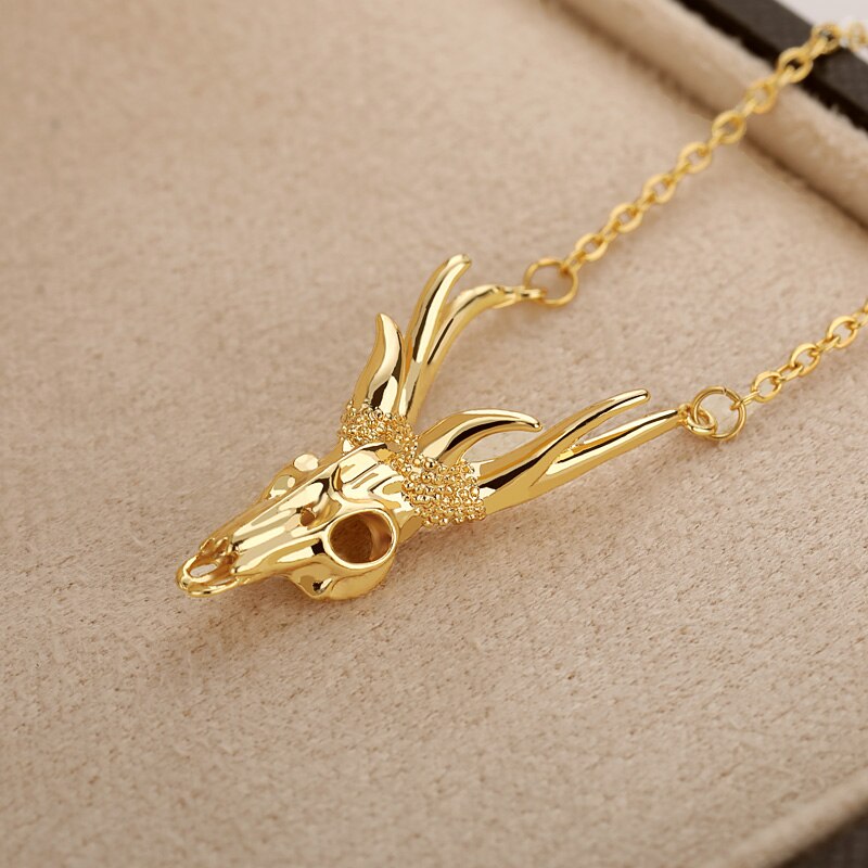 Goth Antelope Skull Necklace For Women Stainless Steel Gold Chian Necklaces Pendant Choker Boho Vintage Jewelry Collier Femme