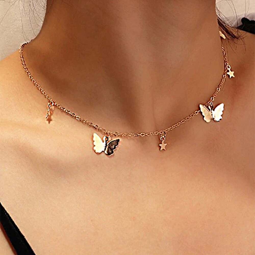 Goth Butterfly Neck Pendants Women's Choker Gold Color Necklace On The Neck Chain Chocker Punk Jewelry 2021 Kpop Collar For Girl