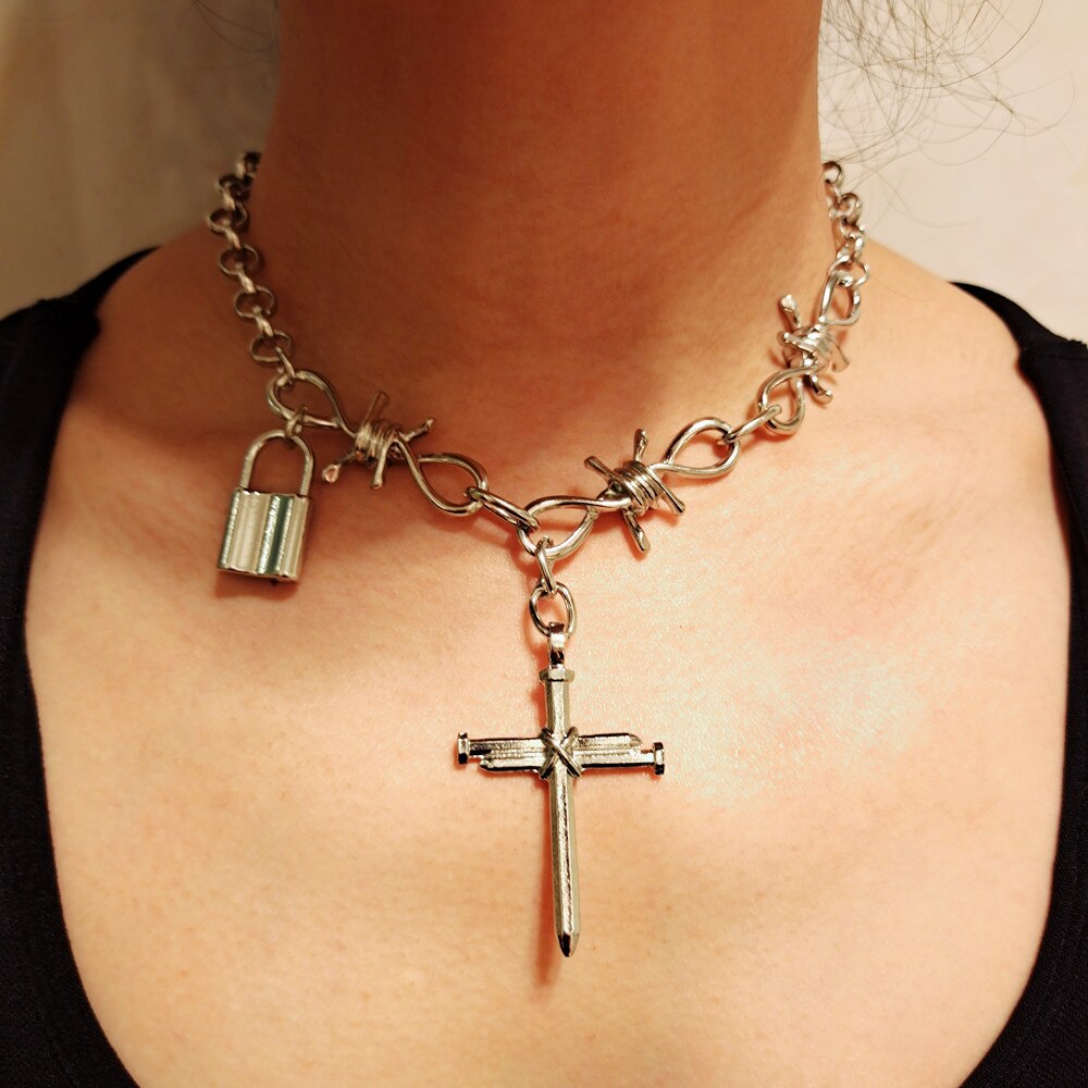 Goth Hip Hop Thorns Choker Necklace For Women Men Punk Big Cross Wire Brambles Thorns Chain Necklace Halloween Jewelry Harajuku