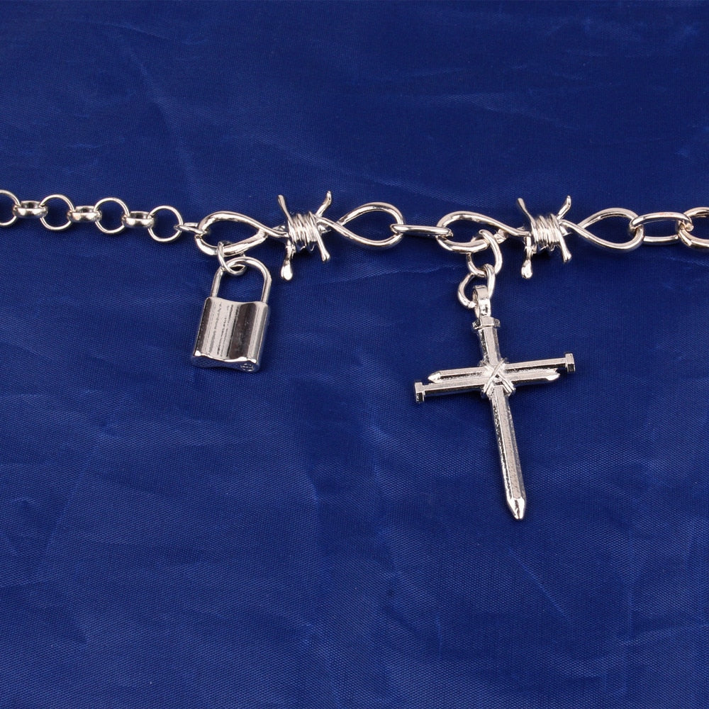 Goth Hip Hop Thorns Choker Necklace For Women Men Punk Big Cross Wire Brambles Thorns Chain Necklace Halloween Jewelry Harajuku