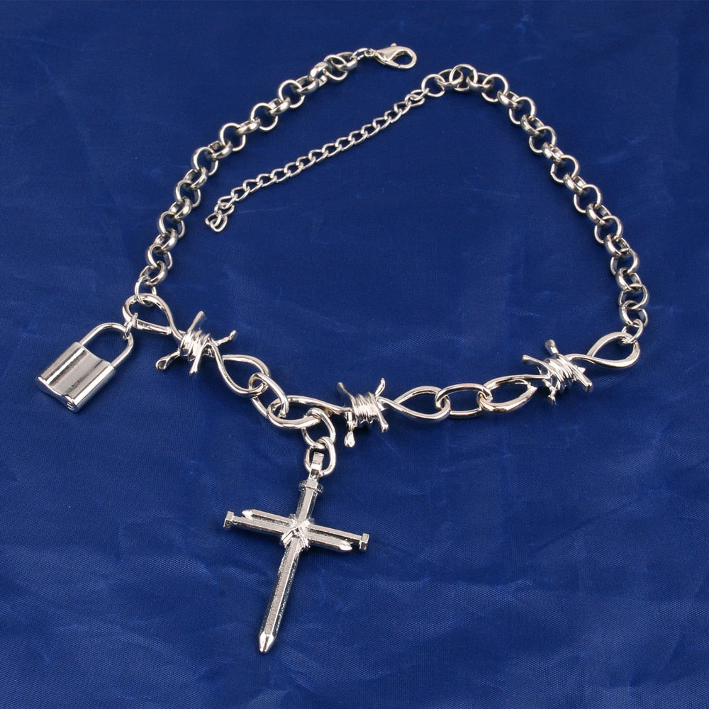 Goth Hip Hop Thorns Choker Necklace For Women Men Punk Big Cross Wire Brambles Thorns Chain Necklace Halloween Jewelry Harajuku