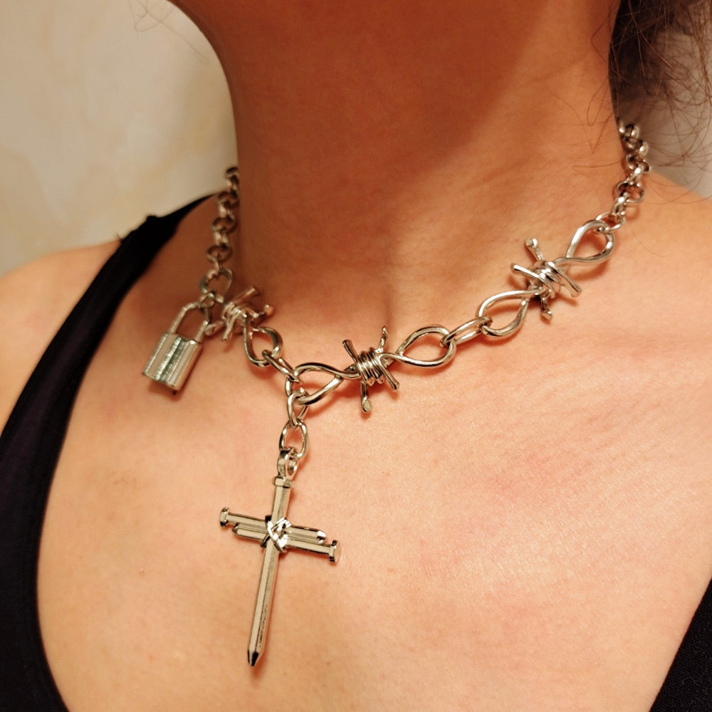 Goth Hip Hop Thorns Choker Necklace For Women Men Punk Big Cross Wire Brambles Thorns Chain Necklace Halloween Jewelry Harajuku