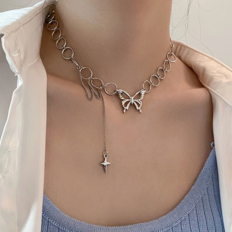 Goth Hollow Butterfly Choker Necklace Statement Girlfriend Gift Cute Bicolor Chain Clavicle Necklace Jewelry Collier Femme 2021