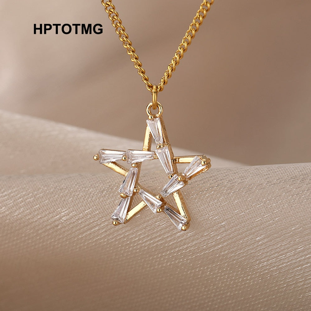 Goth Hollow Crystal Star Pendant Necklace for Women Gold Pentagram Choker Chain Necklace Stainless Steel Jewelry Christmas Gift