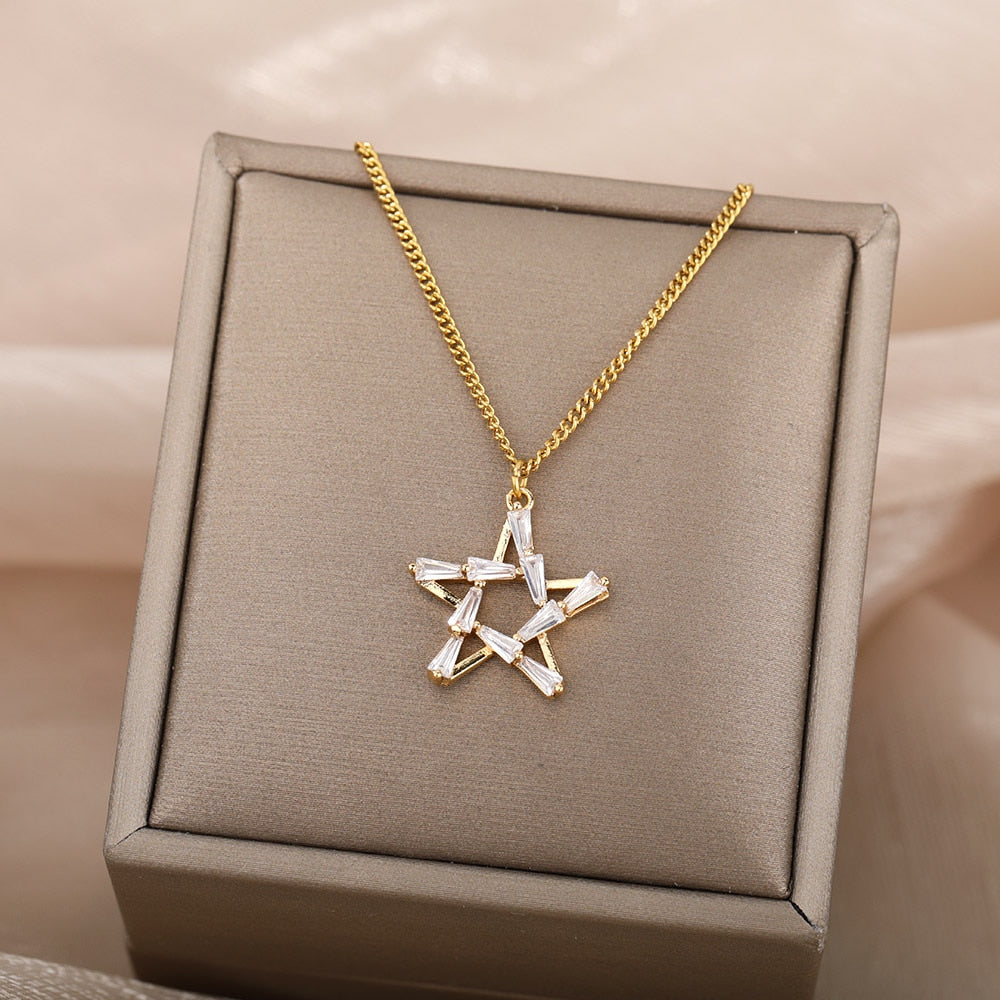 Goth Hollow Crystal Star Pendant Necklace for Women Gold Pentagram Choker Chain Necklace Stainless Steel Jewelry Christmas Gift
