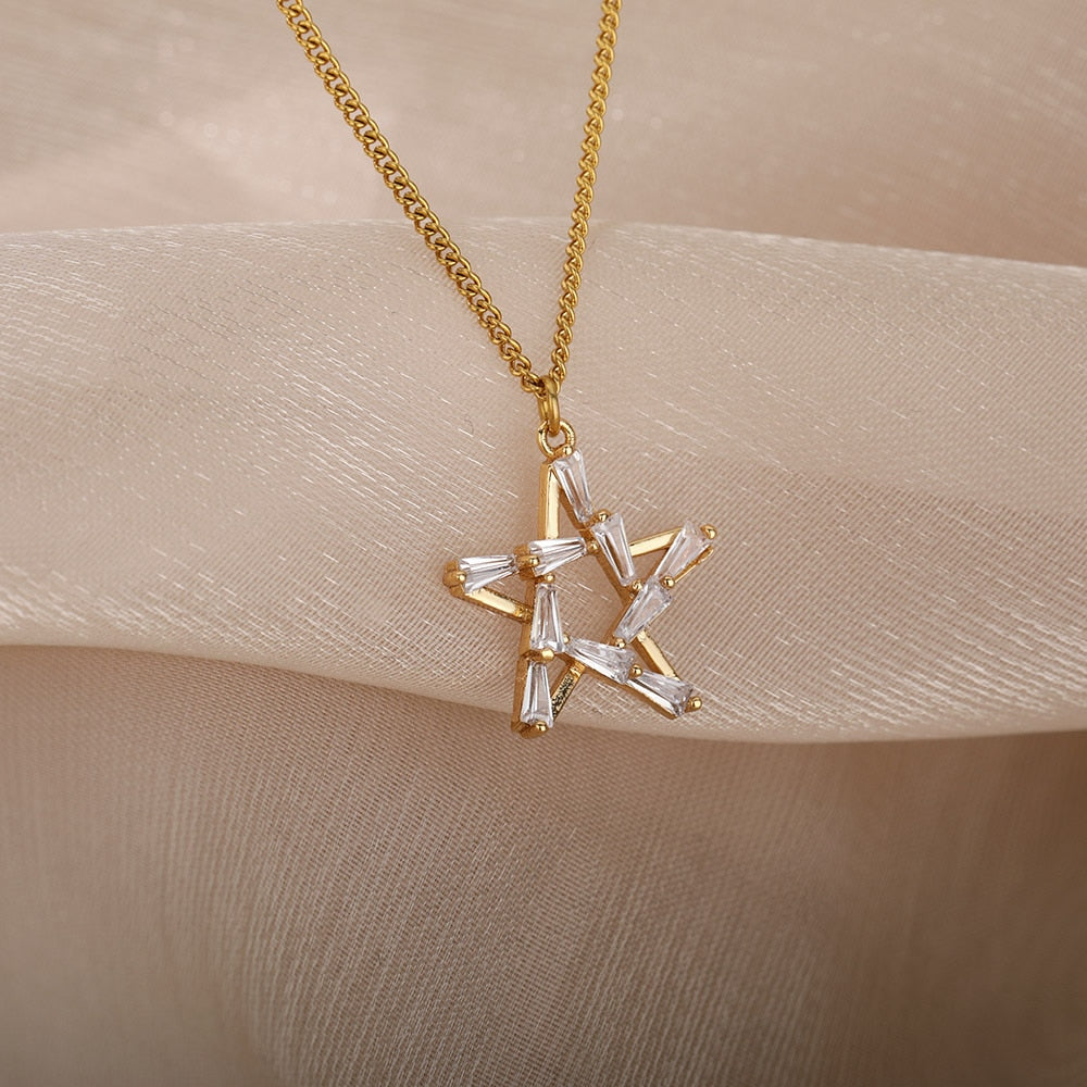 Goth Hollow Crystal Star Pendant Necklace for Women Gold Pentagram Choker Chain Necklace Stainless Steel Jewelry Christmas Gift
