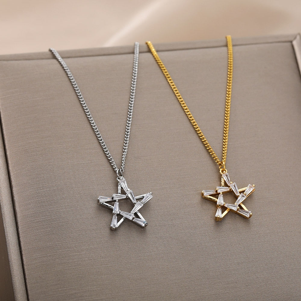 Goth Hollow Crystal Star Pendant Necklace for Women Gold Pentagram Choker Chain Necklace Stainless Steel Jewelry Christmas Gift