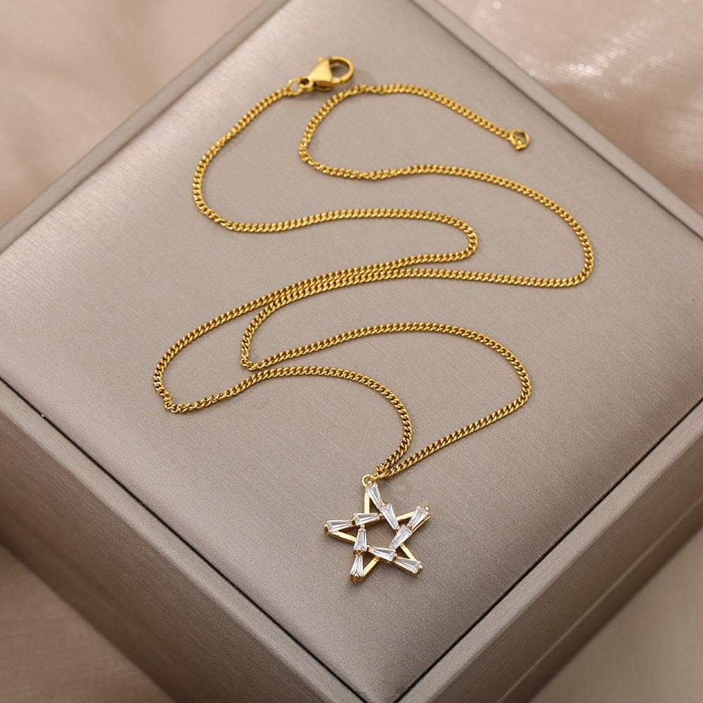 Goth Hollow Crystal Star Pendant Necklace for Women Gold Pentagram Choker Chain Necklace Stainless Steel Jewelry Christmas Gift