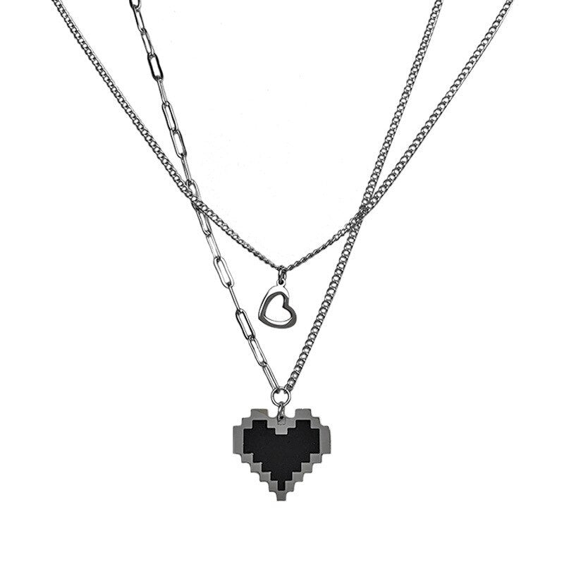 Goth Indie Black Mosaic Love Pixel Peach Heart Double Layer Necklace Fairy Grunge choker Accesories Aesthetic wicca Y2k Jewelry