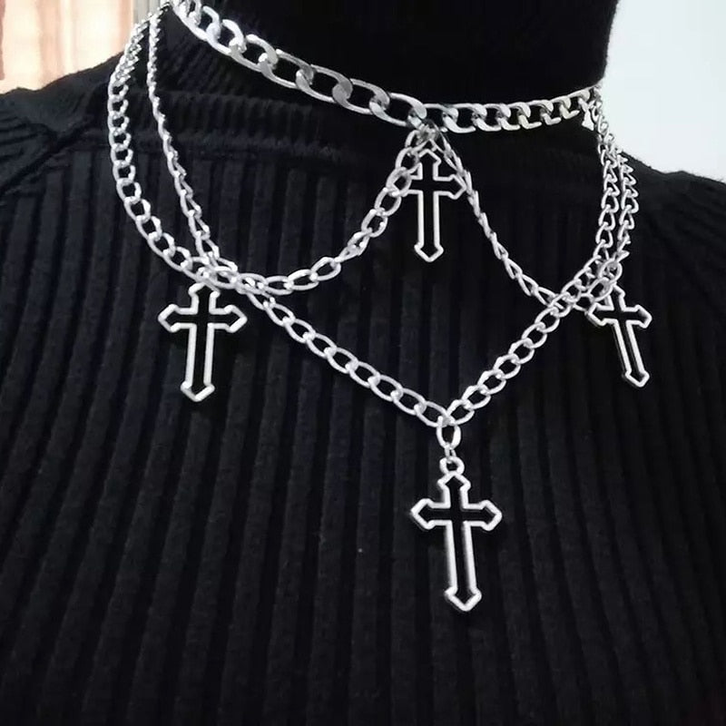 Goth Indie Silver Color Hollow Cross Pendant Necklaces Chains for Women E Girl Grunge Aesthetic Accessories Jewelry Unif Choker