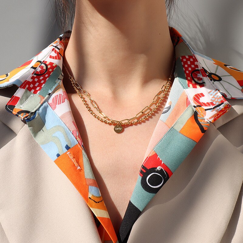 Goth Lucky Bead Link Chain Choker Necklace Multi Layer Stainless Steel Coin Neck Pendants Women Girl Valentines Day Jewelry Gift